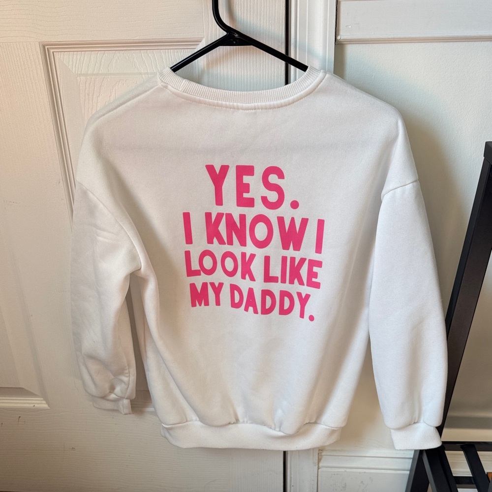 White Sweatshirt with Pink Text